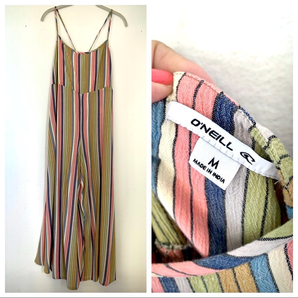 O’Neill Striped Baja Wide Leg Jumpsuit Strappy Sleeveless Colorful Tie Back